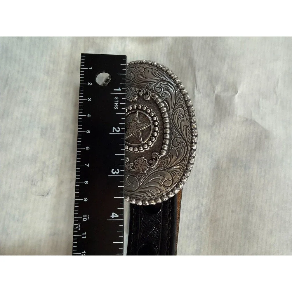 Nocona Western Belt 32 Black Leather Basketweave Texas Star Buckle 9700‎